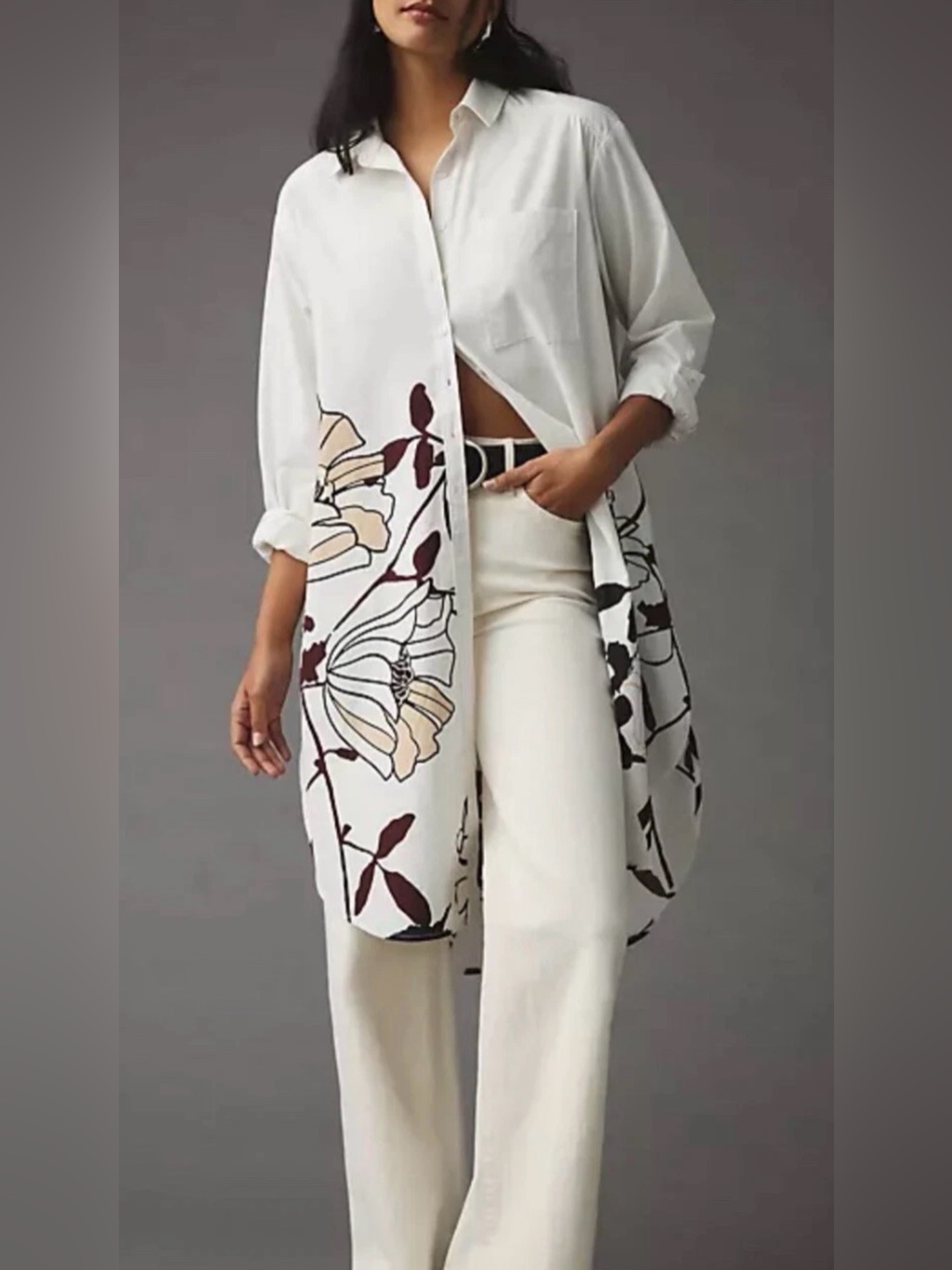 Anthropologie Maeve Maxi Tunic Poplin Buttondown Floral Neutral Motif